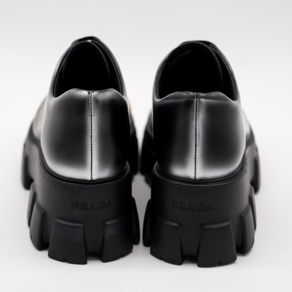 size 39.5eu 9.5 US Prada Monolith Brushed Leather Lace-up Shoes Black Silver - Picture 5 of 13